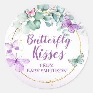 Butterfly Kisses Garden Purple Baby Shower Favour Classic Round Sticker