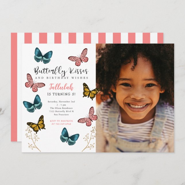 Butterfly Kisses Girls Birthday Party Photo Invitation (Front/Back)