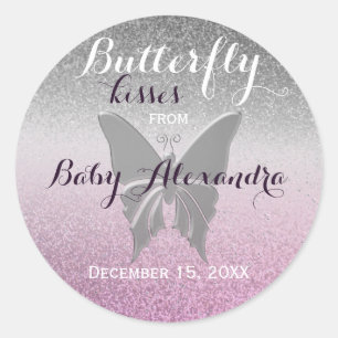 Butterfly Kisses Glitter Purple Baby Shower Classic Round Sticker