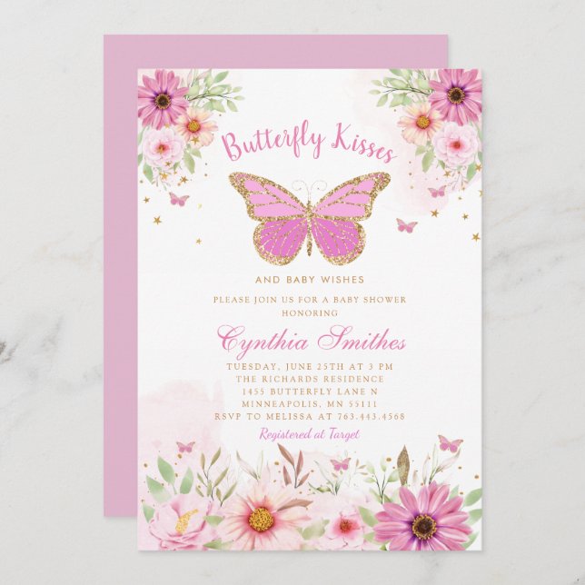 Butterfly Kisses Gold Pink Floral Girl Baby Shower Invitation (Front/Back)