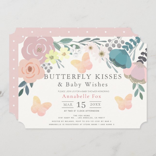 Butterfly Kisses Pink Floral Baby Shower Invitation (Front/Back)