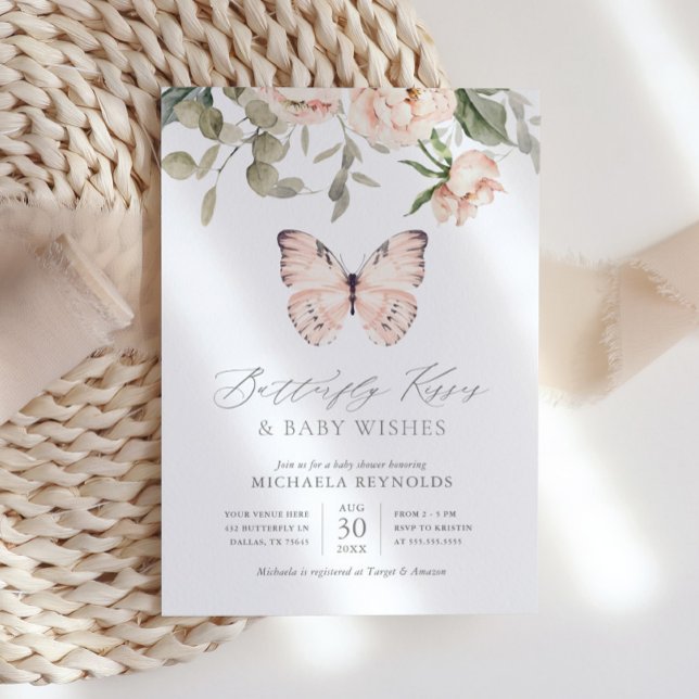 Butterfly Kisses Pink Floral Girl Baby Shower Invitation (Creator Uploaded)