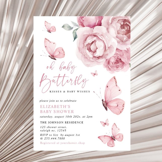 Butterfly Kisses Pink Floral Girl Baby Shower Invitation (Creator Uploaded)