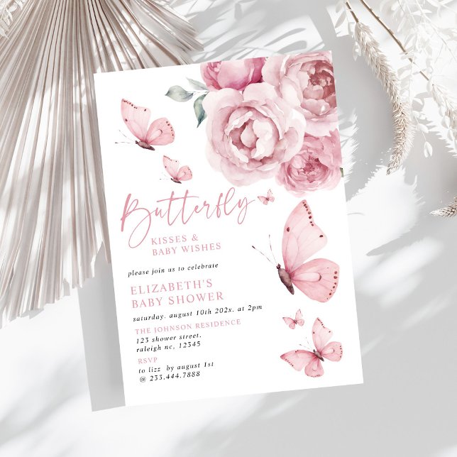 Butterfly Kisses Pink Floral Girl Baby Shower Invitation (Creator Uploaded)