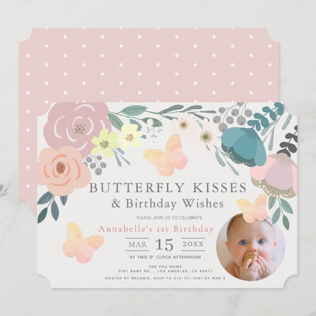 Butterfly Kisses Pink Floral Girl Birthday Photo Invitation (Front/Back)