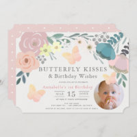 Butterfly Kisses Pink Floral Girl Birthday Photo