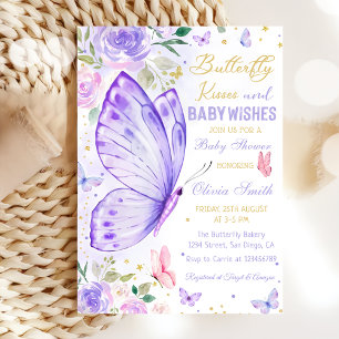 Butterfly Kisses Purple Floral Girl Baby Shower Invitation