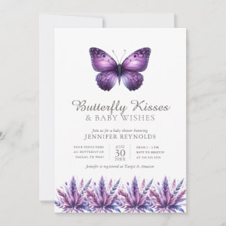 Butterfly Kisses Purple Floral Girl Baby Shower Invitation