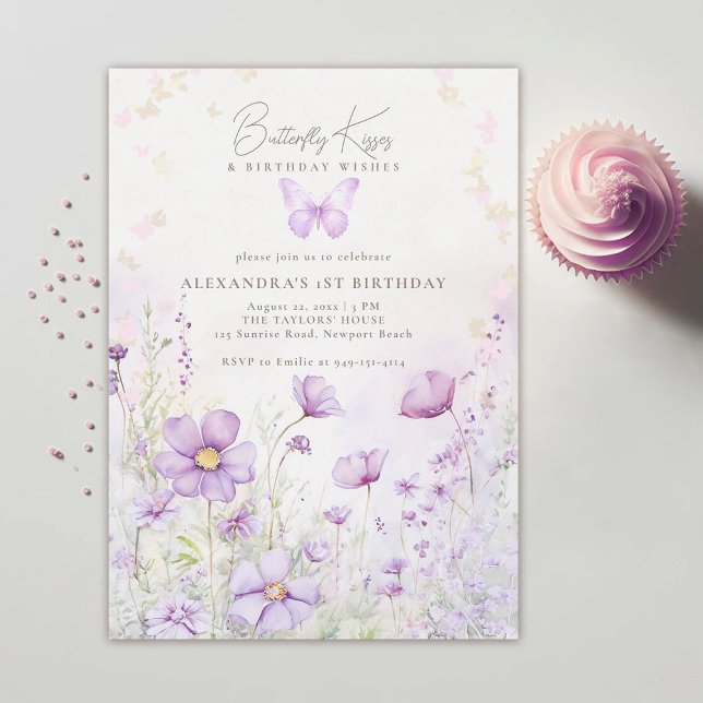 Butterfly Kisses Purple Wildflowers 1st Birthday Invitation (butterfly kisses birthday wishes purple wild flowers garden 1st birthday girl photo invitation)