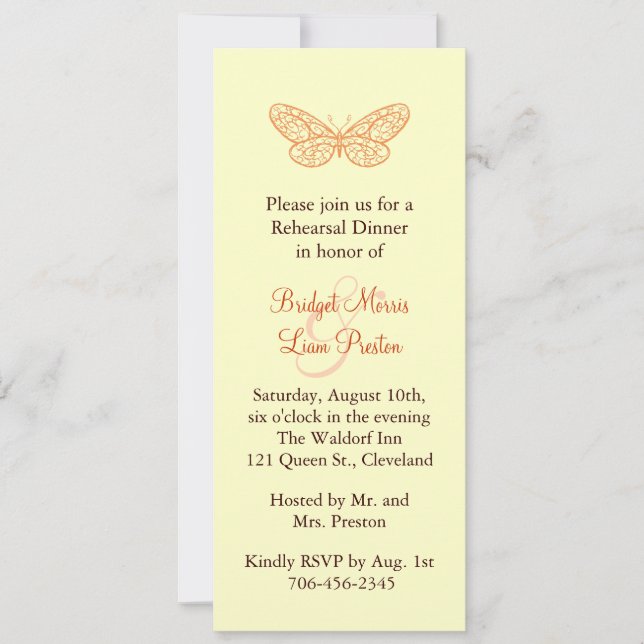 Butterfly Kisses Rehearsal Dinner yellow Invitation (Front)