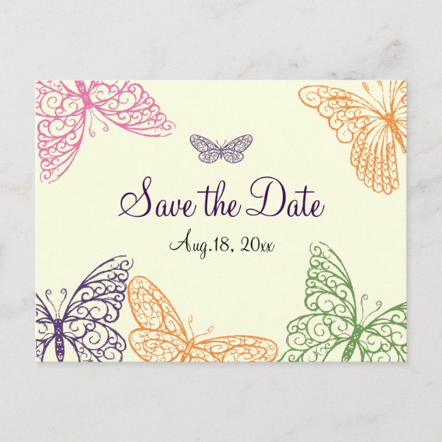 Butterfly Kisses Save the Date yellow Announcement Postcard (Front)