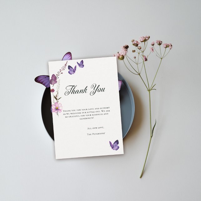 Butterfly Kisses Wild Purple Baby Girl Shower Thank You Card (butterflies wildflowers thank you card baby shower bridal wedding birthday party spring summer chic)