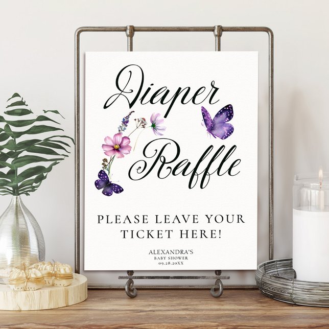 Butterfly Kisses Wild Purple Baby Shower Raffle Poster (baby shower diaper raffle poster purple butterflies wildflowers garden party spring summer chic)