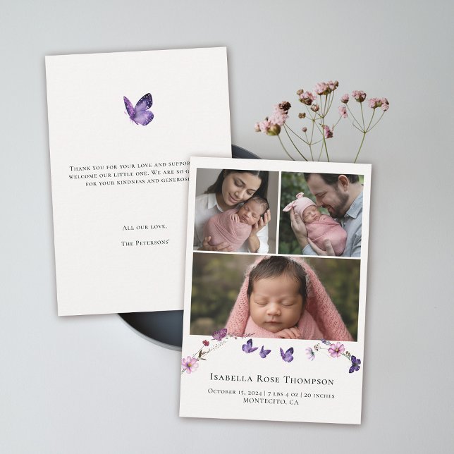 Butterfly Kisses Wildflower Photo Baby Girl Shower Thank You Card (butterflies wildflowers baby announcement shower thank you card purple pink 3 photo templates)
