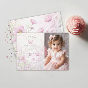 Butterfly Kisses Wildflowers Photo 1st Birthday Invitation