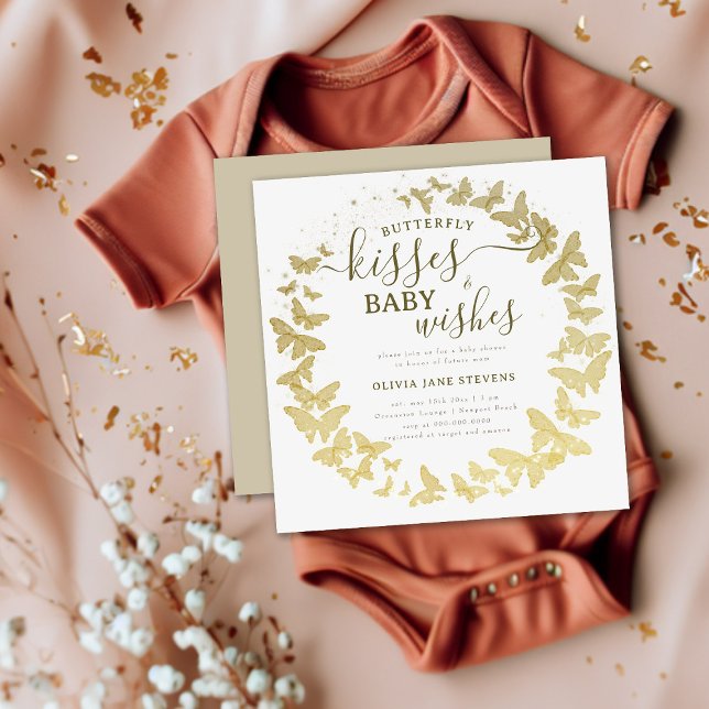 Butterfly Kisses Wishes Gold Elegant Baby Shower Invitation (Creator Uploaded)