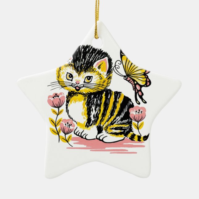 Butterfly & Kitten Ceramic Tree Decoration (Front)