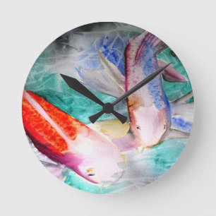 Butterfly Koi watercolour Japanese Fish Art Round Clock