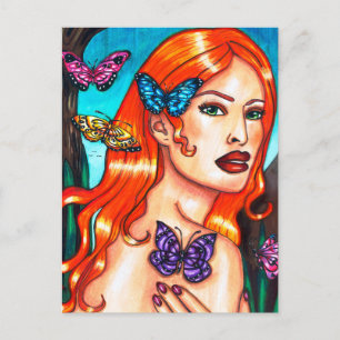 Butterfly Lady Nature Girl Original art drawing Po Postcard