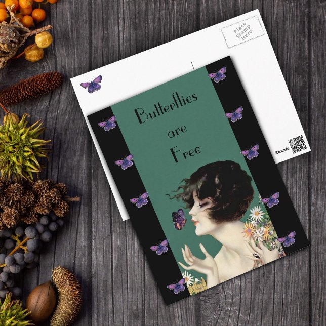Butterfly Lady Postcard (Vintage lady holding daisy flowers with purple butterflies on green and black postcard.)