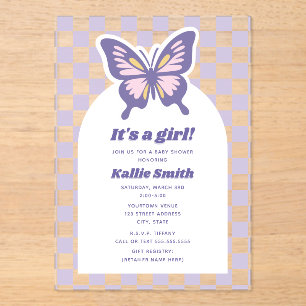 Butterfly Lavender Chequerboard Girl Baby Shower Acrylic Invitations