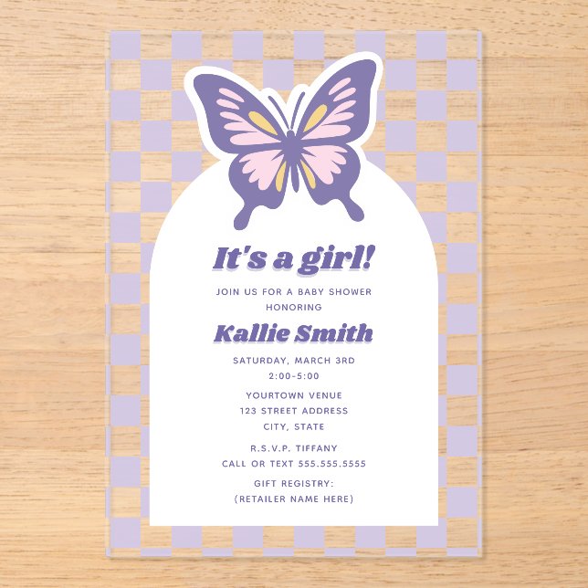 Butterfly Lavender Chequerboard Girl Baby Shower Acrylic Invitations (Front)