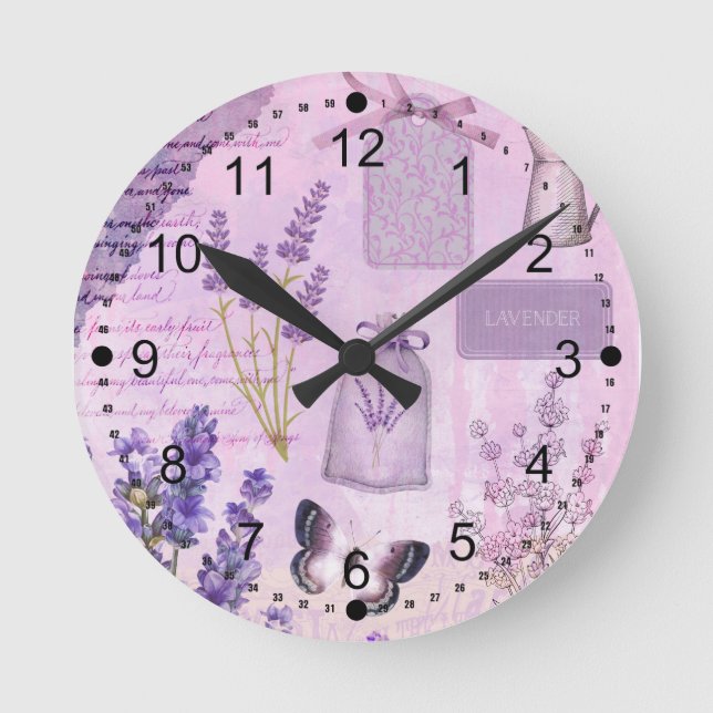 Butterfly Lavender Floral Lilac Ephemera  Round Clock (Front)