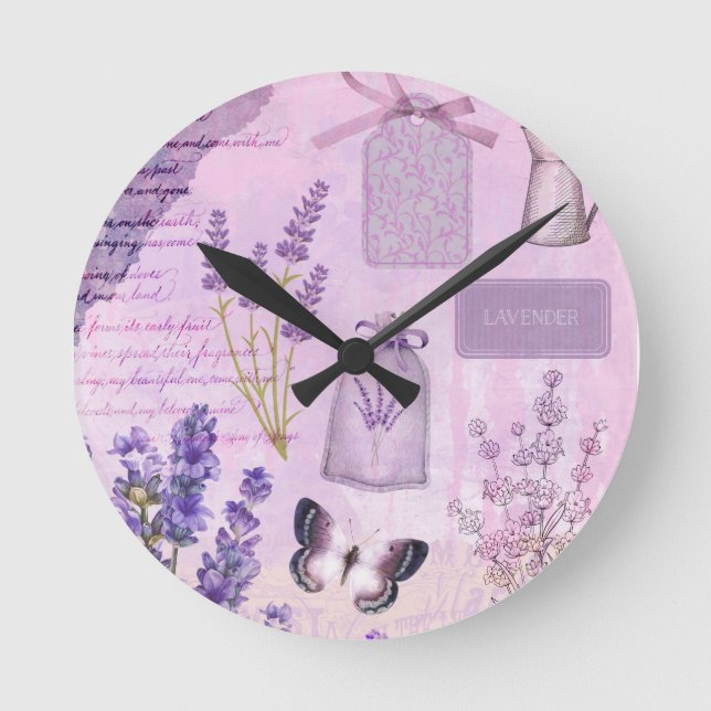 Butterfly Lavender Lilac Floral Ephemera Round Clock (Front)