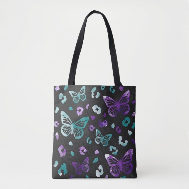 Butterfly Leopard Purple Black Tote Bag (Front)