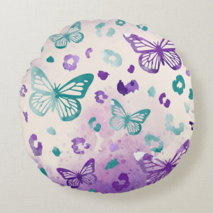 Butterfly Leopard Purple Grey Pattern Round Cushion