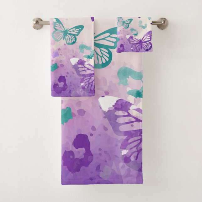Butterfly Leopard White Bath Towel Set (Insitu)