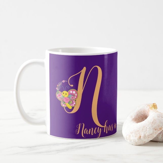 Butterfly Letter N Floral Mug (With Donut)