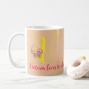 Butterfly Letter V Floral Mug