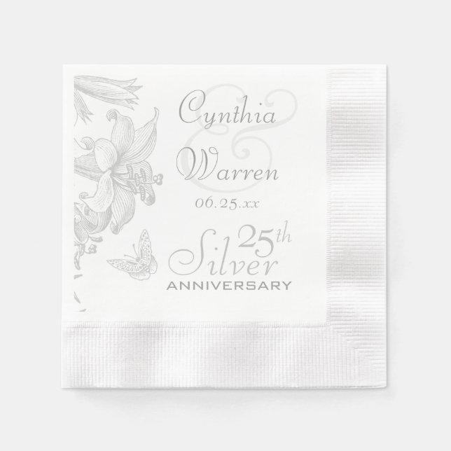 Butterfly Lilies 25th Silver Wedding Anniversary Napkin (Front)
