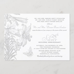 Butterfly Lilies Silver 25th Wedding Anniversary Invitation