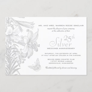 Butterfly Lilies Silver 25th Wedding Anniversary Invitation