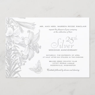 Butterfly Lilies Silver 25th Wedding Anniversary Invitation