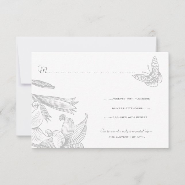 Butterfly Lilies Silver Wedding Anniversary RSVP Card (Front)