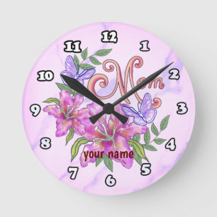 Butterfly Lily Mum Round Clock
