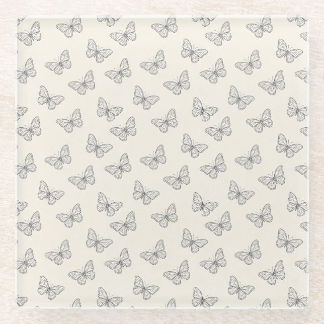 Butterfly Line Art Pattern Glass Coaster (Front)