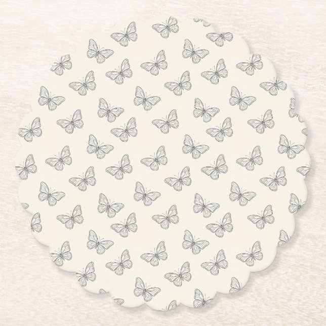 Butterfly Line Art Pattern Paper Coaster (Front)
