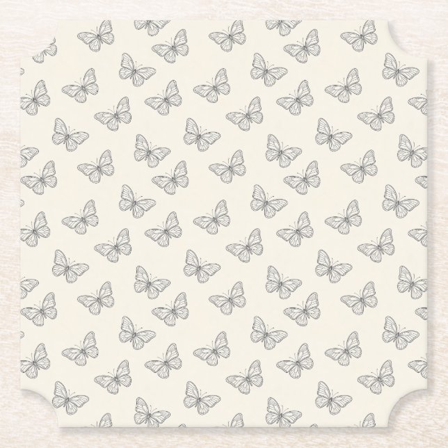 Butterfly Line Art Pattern Paper Coaster (Front)