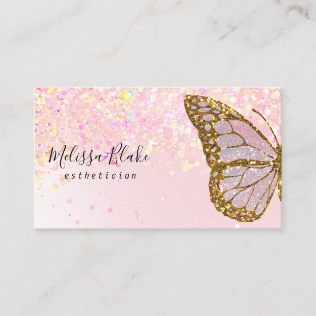 butterfly logo on faux glitter background business card (Front)