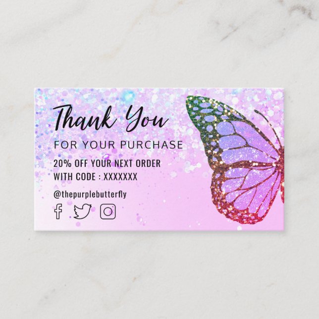 butterfly logo on faux glitter thank you business card (Front)