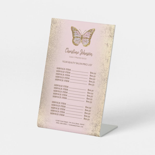 butterfly logo on faux gold foil price list pedestal sign (Front)