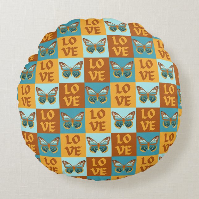 Butterfly Love Pattern | Blue & Orange Gradient Round Cushion (Front)