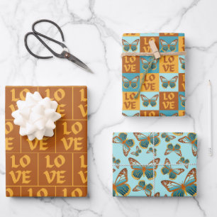 Butterfly Love Pattern Blue & Orange Gradient Wrapping Paper Sheet