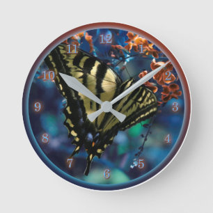 BUTTERFLY LUNCH ON THE FLY Tiger Swallowtail Round Clock