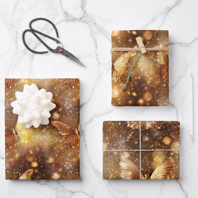 Butterfly magical enchanted pattern gold seamless wrapping paper sheet (Front)