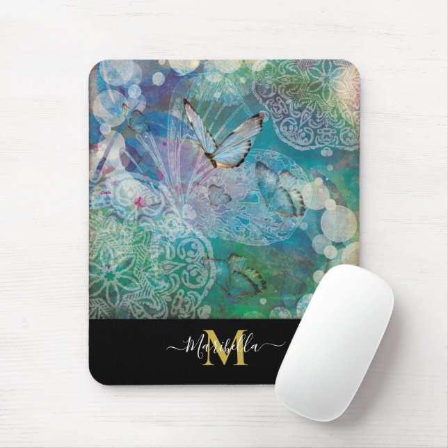 Butterfly Mandala Personalise Monogram Mouse Pad (With Mouse)